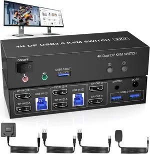 USB 3.0 DisplayPort KVM Switch Dual Monitor 4K@60Hz, KVM Switch for 2 Computers 2 Monitors Extended and Mirrored Display, Displayport Switch with Audio Microphone Output and 3 USB 3.0 Ports