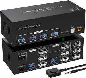 8K KVM Switch 3 Monitors 2 Computers Displayport 4K@120Hz USB 3.0 KVM Switches DP 1.4 Monitor Switch for 2 Computers with 4 USB Ports Support Extended & Copy Mode, With 12V DC Adapter and 2 USB cables