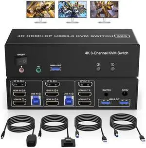 2 HDMI + 1 Displayport KVM Switch 3 Monitor 2 Computers, 4K@60Hz Triple Monitor KVM Switch with Audio and 3 USB 3.0 Ports, 2 Computers Share 3 Monitors Keyboard Mouse Switcher