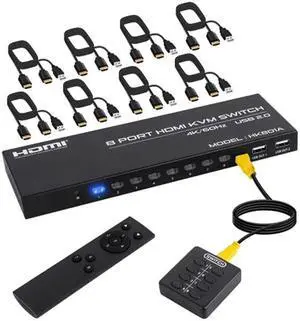 DGODRT 8 Port HDMI KVM Switch, 4K@60Hz HDMI KVM Switch for 8 Computers Share 1 HD Monitor and 4 USB Devices, Including 8 HDMI Cables and Remote Control