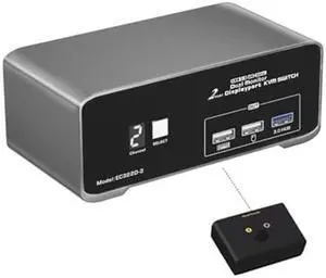 Terived 2 Port USB3.0 Displayport KVM Switch Dual Monitor 4K@60Hz with Wired Remote, 2 Monitors 2 Computers DP1.2 USB3.0 Switch Box, Digtal Display Aluminum Body Cable Included
