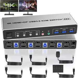 USB 3.0 KVM Switch Displayport+HDMI 2 Monitors 4 Computers, 4K@60Hz Dual Monitor KVM Switch 4 Port with Audio Microphone Output and 3 USB 3.0 Ports, 4 Port HDMI+DP Monitor Switch for 4 PCs 2 Monitors