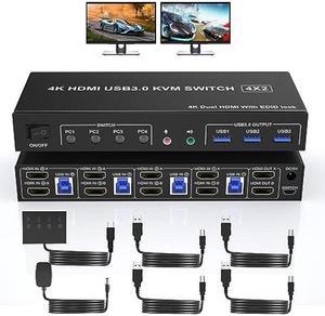 USB 3.0 KVM Switch HDMI Dual Monitors 4 Computers, 4K@60Hz HDMI Dual Monitor Switch for 4 PCs with Audio Output and 3 USB 3.0 Ports, 4 Port HDMI KVM Switch Input Supports EDID Emulators