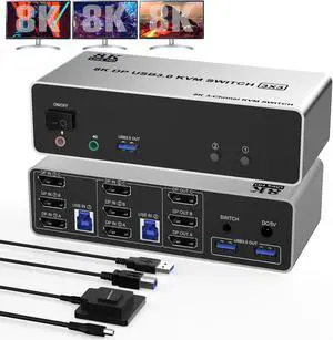 3 Monitors KVM Switch 8K Displayport DP1.4 for 2 Computers Share 3 Monitors PC Extended Display Support 8K@60Hz 4K@144Hz & 3 USB3.0 Devices & Audio Microphone with Desktop Controller and 2 USB Cables
