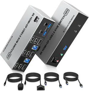 8K@60Hz USB3.0 2 Displayport+HDMI KVM Switch Triple Monitor 2Computer, 2PC Share 3Monitors (HDMI+2 Displayport) KVM Switch with Audio Microphone and 3USB Ports, HDMI+2 DP Monitor Switch for 2PC
