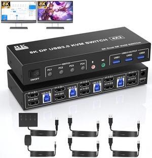 8K@60Hz USB 3.0 Displayport KVM Switch 2 Monitors 4 Computers, Dual Monitor KVM Switch with Audio Output and 3 USB 3.0 Ports, 4 Port Dual Monitor Displayport KVM Switch for 4 Computer