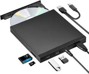 ROOFULL External CD DVD +/-RW Drive with SD Card Reader + USB Ports + Carrying Case, USB 3.0 & USB-C CD ROM DVD Disc Drive Player Burner for Laptop PC, Windows 11/10/8/7, Mac MacBook Pro/Air, Linux