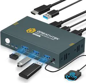 USB3.0 KVM Switch 2 Port HDMI, 4K@60Hz KVM Switch 1 Monitors 2 Computers with 3 USB3.0 Ports, HDMI KVM Switches for 2 PCs Share 1 Monitors and USB Devices, Support Button Switch, EDID