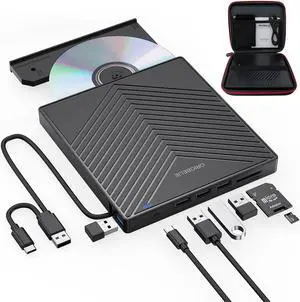 ORIGBELIE External CD DVD Drive, Ultra Slim CD Burner USB 3.0 with 4 USB Ports and 2 TF/SD Card Slots, Optical Disk Drive for Laptop Mac PC Windows 11/10/8/7 Linux OS with Carrying Case