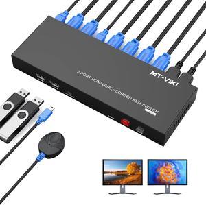 MT-VIKI HDMI KVM Switch 2 Monitors 2 Computers 4K@60Hz, 4 USB 2.0, Dual Monitor KVM Switch HDMI 2 Port Extended Display, EDID, Hotkey Switch, Desktop Controller and USB HDMI Cables Included