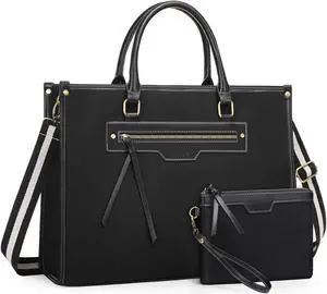 MOSISO Laptop Tote Bag for Women, 15.6 inch Canvas Laptop Bag with Front Pocket, Large Capacity Messenger Shoulder Computer Handbag for Business Office Work Travel, Black