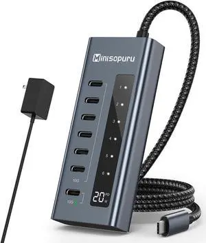 Minisopuru Powered USB C Hub, 7 in 1 USB-C Hub Support 10Gbps Data & 20W Charging, USBC Hub Powered Multiport Adapter for MacBook Pro/Air, iMac,iPad, Phone, Surface, Dell, etc.(Not Support Video)