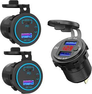 83W 12V USB Outlet Laptop Charger: Newest 2 Pack 65W USB-C PD3.0 and 18W QC3.0 Multi Car USB Port 12V Socket Aluminum Socket with Red Digital Voltmeter