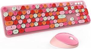 Wireless Keyboard and Mouse Combo, Cute Colorful 104-Key Typewriter Retro Round Keycaps Keyboard for PC Laptop,Windows,Desktop,Perfer for Home and Office Keyboards (Pink)