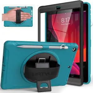 BATYUE Case for iPad 9th/ 8th/ 7th Generation (iPad 10.2 inch Case 2021/2020/2019) with Screen Protector, Rotating Stand, Hand Strap, Pencil Holder (Light Blue)