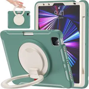 BATYUE Case for iPad Air 11-inch M3 (2025) / M2 (2024), iPad Air 5th/4th 10.9 inch(2022/2020), iPad Pro 11" 4th/3rd/2nd/1st, Kids Cover with 360deg Rotating Stand, Pencil Holder, Carrying Strap, Green