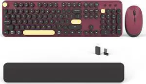 Wireless Computer Keyboards Mouse Combos, COVEVA Colorful Typewriter Retro Keyboard with Round Keycaps, USB Keyboard and Mouse Set 2.4GHz Full-Size Wireless Keyboard and Optical Mouse(Black-Claret)