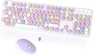 Colorful Wireless Keyboard and Mouse Combo, COVEVA 2.4GHz Wireless Retro Cute Round Keycaps Keyboard, 104 Keys Full-Sized Keyboard Mouse Set with Switch Button for PC Laptop Desktop (White Colorful)