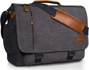 ESTARER Computer Messenger Bag 15-15.6 inch, Water-resistant Canvas Work Bag Briefcase, Laptop ShoulderSatchel with Buckles, Grey