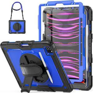 HXCASEAC Case for iPad Pro 12.9 Case 6th 5th 4th 3rd Generation with Pencil Holder/Hand Strap/Screen Protector/Wireless Charge Attachment, Heavy Duty Protective 12.9-inch 2022/2021/2020/2018 - Blue