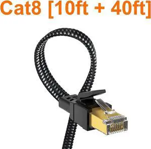 Cat 8 Ethernet Cable(10ft + 40ft), 26AWG Nylon Braided High Speed Heavy Duty Cat8 Network LAN Patch Cord, 40Gbps 2000Mhz SFTP RJ45 Flat Cable Shielded in Wall, Indoor&Outdoor for Modem/Router/Gaming