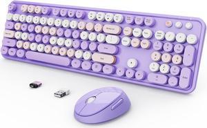 Wireless Keyboard and Mouse Combo, Ergonomic Full Size Typewriter Retro Round Keycaps Keyboard, Compatible with Windows, PC, Perfer for Home and Office Keyboards (Purple
