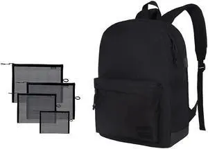 SUPACOOL Lightweight Casual Laptop Backpack with USB Charging Port and Set of 4 Black Travel Mesh Organizer Bags