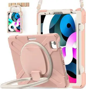 BATYUE iPad Air 5th/4th Generation Case 10.9 inch 2022/2020, iPad Pro 11" 4th/3rd/2nd/1st Gen Case 2022/2021/2020/2018, with Pencil Holder+Kickstand+Shoulder Strap (Rose Gold)