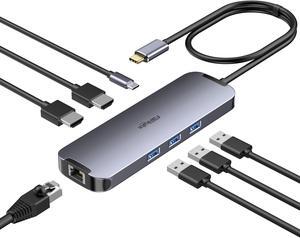 USB C Hub Docking Station Dual Monitor, USB C to 2 HDMI 4K 60Hz with Ethernet, 100W Charing and USB3.0, USB-C Hub Compatible for HP MacBook Pro Air, 2 HDMI Adapter Type C Laptop Docking Station