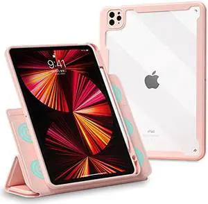 ABEIFAN iPad Pro 12.9 inch 6th 2022/5th 2021 Gen Case with Clear Acrylic Inner and Magnetic Detachable Folio Front Cover for 12.9 Inch 2020 4th Gen/2018 3rd Auto Sleep/Wake Pencil Holder Pink