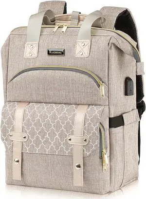 Kuosdaz Backpack for Men Women, School Backpacks for Teens Boys Girls, 15.6 Inch Laptop Bookbag with USB Charging Port, Wide Open Large Backpack, Beige