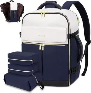 LOVEVOOK Travel Backpack, Carry On Backpack for Women, 40L Flight Approved Personal Item Backpack, Large Water Resistant Luggage Daypack with 3 Packing Cubes, fits 17inch Laptop, Beige-Blue-Black