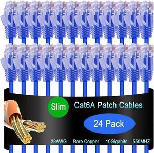 Lysymixs Cat6a Slim Ethernet Patch Cable 5 ft (24 Pack), Cat6a Patch Cable 28AWG for Data Centers, Cat 6 Patch Cable 10G, Network Patch Cables for Home and Enterprise Network -Blue