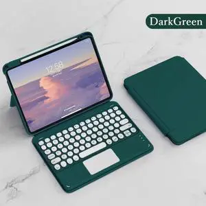 HENGHUI Magnetic Case for iPad 6th Generation 5th Gen iPad Pro 9.7 Vertical Keyboard Case with Touchpad Cute Color Keyboard Clear Back Cover Detachable BT Touch Keyboard, DarkGreen(Round Key)