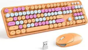 MOFII Wireless Keyboard and Mouse Combo, Orange Retro Keyboard with Round Keycaps, 2.4GHz Dropout-Free Connection, Cute Mouse for PC/Laptop/Mac/Windows XP/7/8/10 (Orange-Colorful)