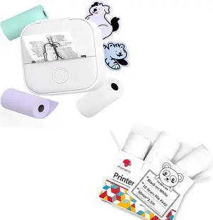 Phomemo T02 Printer Set with 3 Rolls Paper Inkeless Printer- Mini Printer Sticker Maker Bluetooth Thermal Pocket Printer for Study Notes, Stickers, Photos, DIY Printing, for Birthday, White