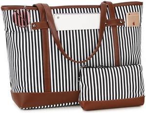 RAVUO Laptop Tote Bag for Women, Water Resistant 15.6 Inch Computer Handbag Purse Teacher Bag With Portable Small Pouch (Brown Stripe)