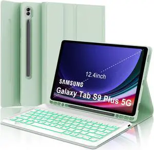 Keyboard Case for Samsung Galaxy Tab S10 Plus, Galaxy S9+ Plus Keyboard 12.4 inch, Magic Keyboard for Samsung S9 FE + Case, 7 Colors Backlit, Magnetic Detachable, Auto Sleep/Wake Up Smart Case (Green)