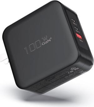 100W USB C Fast Charger, 3-Port GaN Wall Charger PD USB C and QC USB A Charger Adapter Super Fast Type C Charging for MacBook, iPad, iPhone 15 15 Pro, Galaxy S23 Ultra, Steam Deck, Dell XPS, Google