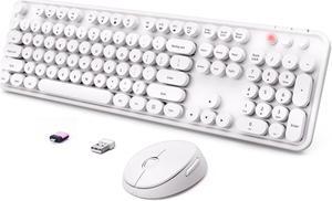 Wireless Keyboard and Mouse Combo, Ergonomic Full Size Typewriter Retro Round Keycaps Keyboard, Compatible with Windows, PC, Perfer for Home and Office Keyboards(White)
