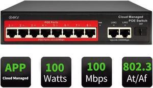 STEAMEMO 10-Port Managed PoE Switch, 8 PoE+ Ports@120W, 2 Gigabit Uplink Ports, 1*1.25G SFP Port, VLAN, PoE Scheduler, Fanless, Plug and Play, Sturdy Metal, Desktop and Wall-Mount