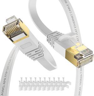 Cat7 Ethernet Cable 100FT-White-10Gbps High Speed Ultra Slim Outdoor&Indoor Double Shielded with Ground Wire & Gold-Plated RJ45 Flat Cord for IP-Camera,TV,Router,NAS(50 Clips)