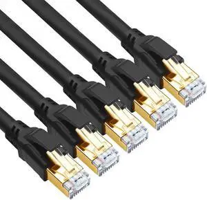 Yauhody CAT 8 Ethernet Cable, 10ft (5 Pack) Ultra High Speed 40Gbps 2000MHz SFTP 26AWG CAT8 Cable LAN Internet Network Cord with Gold Plated RJ45 Connector for Gaming,Router,Modems(10ft/5 Pack/Black)