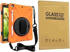 Bundle-iPad 8th/7th Generation 10.2 Case with Tempered Glass Screen Protector Pencil Holder Kickstand Hand Strap and Shoulder Strap, Orange