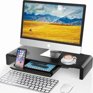 AboveTEK Foldable Monitor Stand Riser with Drawer, Height Adjustable Computer Monitor Stand, Phone Stand for PC, Desktop, Laptop, Printer Save Space (Black)