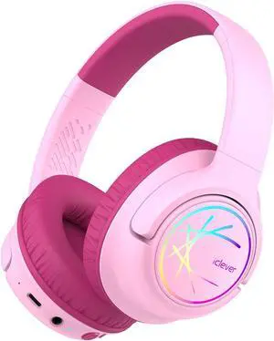 iClever Kids Bluetooth Headphones with LED Lights, BTH18 Safe Volume 74/85/94dBA, 43H Playtime, Bluetooth5.3 Kids Headphones Wireless Aux Cord for iPad/Tablet/Travel/School, Pink