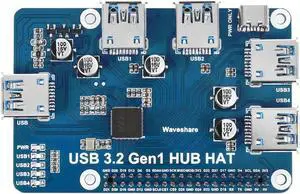 Waveshare USB 3.2 Gen1 HUB HAT, Compatible with Raspberry Pi 5/4B/3B/Zero/Zero W/Zero 2W/Pico/Pico W/Pico WH, 4X USB 3.2 Gen1 Ports, No Driver Required