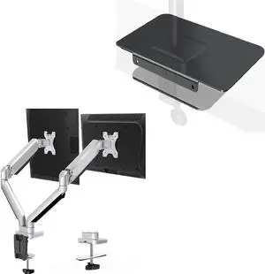 MOUNTUP Silver Dual Monitor Stand Mount for Glass Desk, with Desk Reinforcement Plate - 2 Monitor Desk Mount for Computer Screens Up to 32 inch, Double Monitor Arm, Heavy Duty Monitor Stand