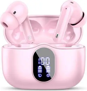 Wireless Earbuds Bluetooth 5.3 Headphones Bass Stereo Ear Buds with Noise Cancelling Mic LED Display in Ear Earphones IP7 Waterproof 36H Playtime for Laptop Pad Phones Sports Workout Pink
