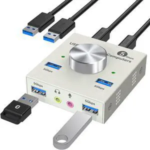 USB 3.0 Switch 2 Computers Sharing USB A & 3.5mm Wired Headset Devices, 4 Port USB Switcher for Keyboard and Mouse, Printer/Scanner with 2 USB3.0 Cables, Grey